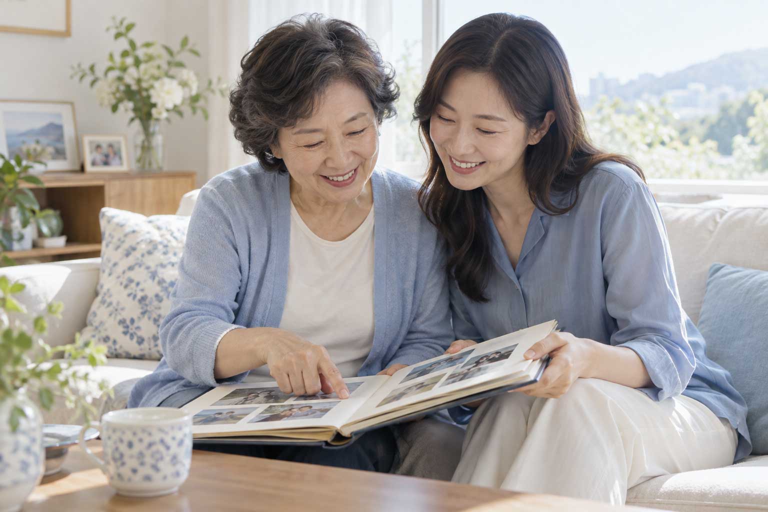 가족 사진첩을 함께 보며 미소 짓는 어머니와 딸